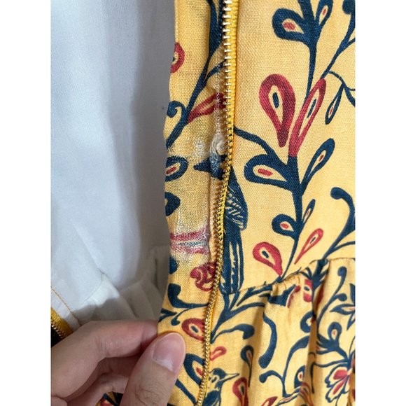 NEW Agua Bendita Narciso Ceramica Maxi Dress Linen Yellow Floral Bird Printed XS - Picture 12 of 12